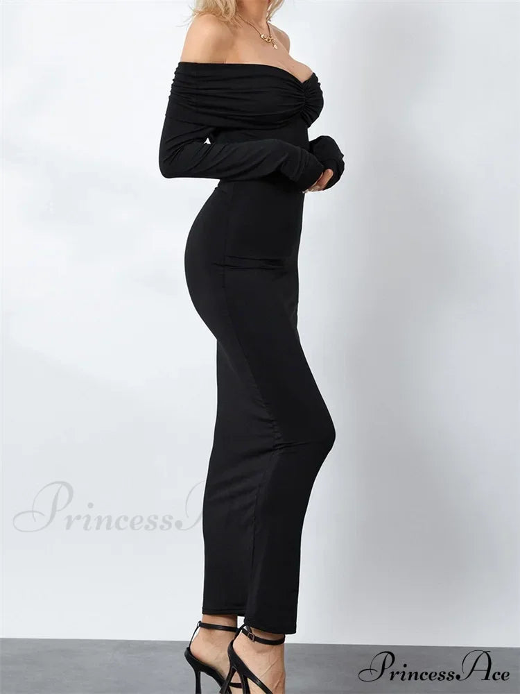 Women Ruched Slash Neck Off-shoulder Sleeve Solid Slim Fit Bodycon Cocktail Party Vestidos