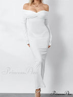 Women Ruched Slash Neck Off-shoulder Sleeve Solid Slim Fit Bodycon Cocktail Party Vestidos
