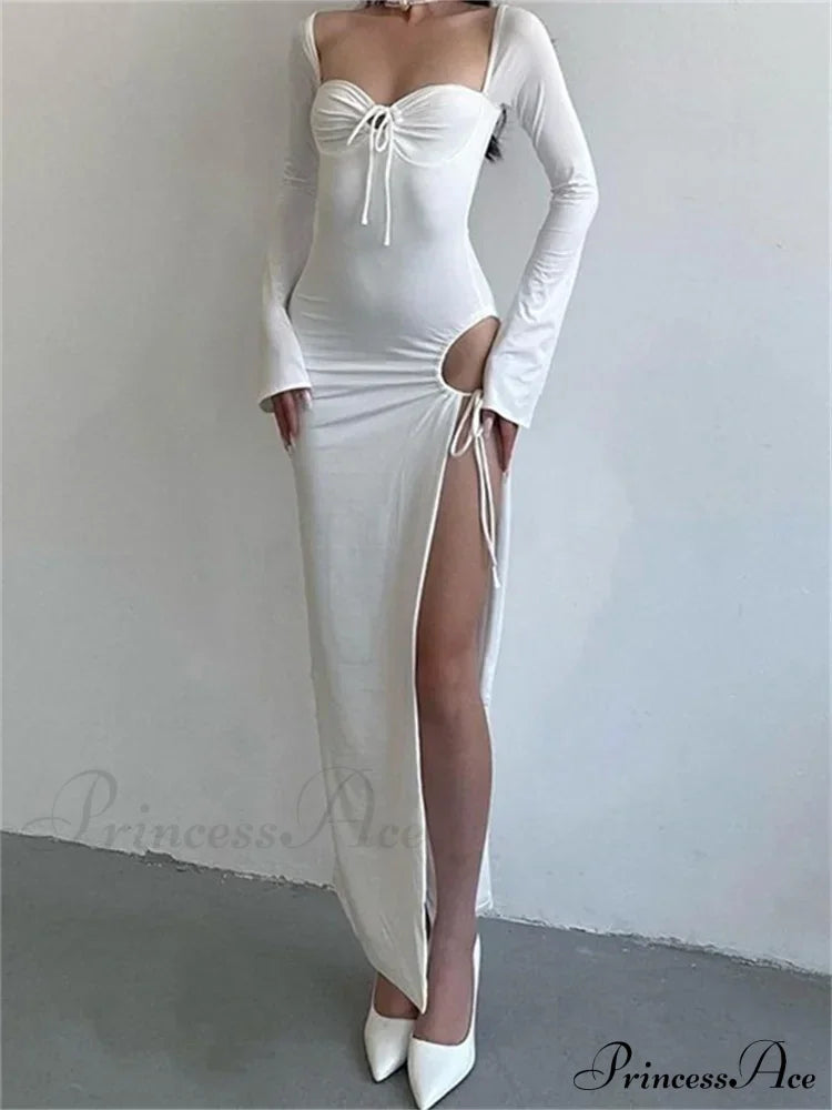 Women Sleeve Low-cut Tie-up Solid Color Slim Fit Cocktail Party High Split Female Vestidos