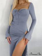 Women Sleeve Low-cut Tie-up Solid Color Slim Fit Cocktail Party High Split Female Vestidos