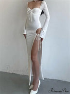 Women Sleeve Low-cut Tie-up Solid Color Slim Fit Cocktail Party High Split Female Vestidos