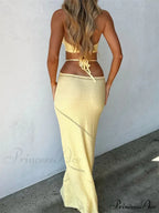 Women Sleeveless Halter Knitted Solid Color Front Cutout Backless Tie-Up Slim Beach Summer Vestidos