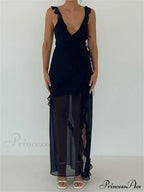 Women Sleeveless Ruffles Solid Color V Neck Casual High Split Party for Cocktail Summer Streetwear