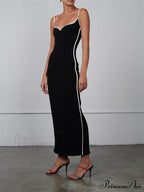 Women Sleeveless Strap Black Patchwork V-neck Low Cut Slim Summer Party Back Split Female Vestidos