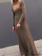 Women Spring Fall Casual Solid Color Square Neck Sleeve Knitted Pleated Fashion Holiday Vestido