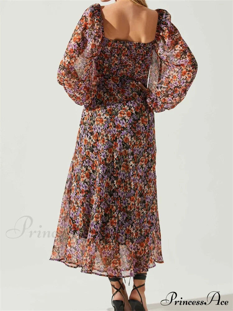Women Spring Fall Vintage Floral Print V-neck Puff Sleeve Fashion Backless Holiday Vestido