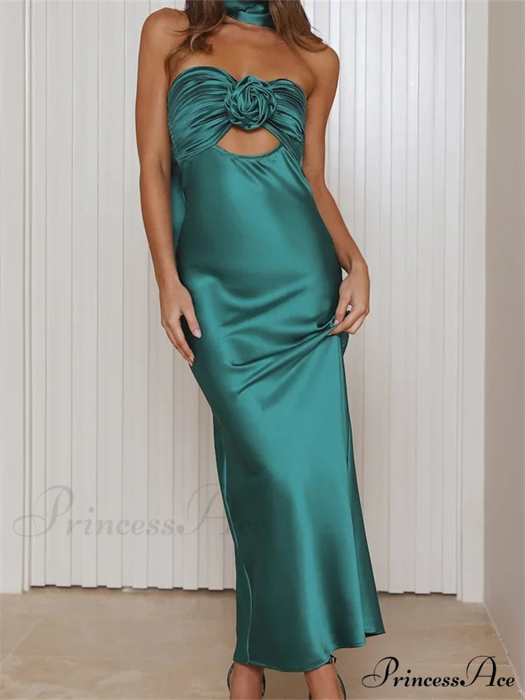 Women Summer Satin Tube Solid Color Strapless Off Shoulder Slim 3D Flower Vestidos with Scarf