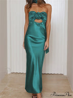 Women Summer Satin Tube Solid Color Strapless Off Shoulder Slim 3D Flower Vestidos with Scarf