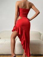 Women Tube Strapless Backless Hollow Out Ruffle Slim Fit Irregular Hem Cocktail Party Female Vestido