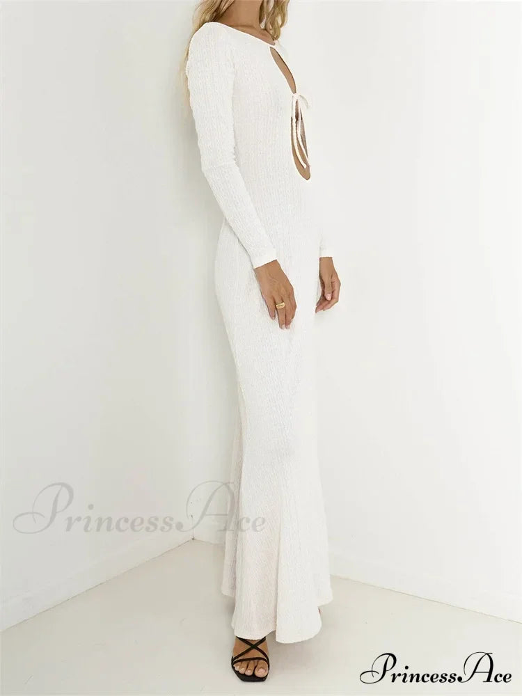 Women Vintage Elegant Sleeve Front Cutout Tie-up Solid Color Solid Color Party Autumn Vestidos