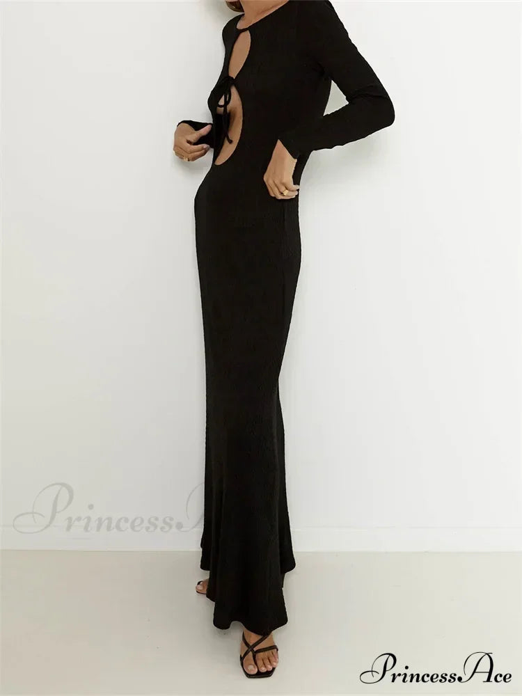 Women Vintage Elegant Sleeve Front Cutout Tie-up Solid Color Solid Color Party Autumn Vestidos