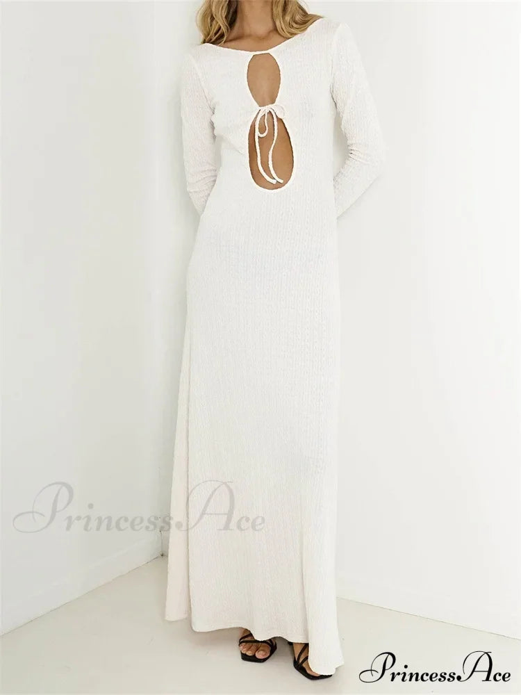 Women Vintage Elegant Sleeve Front Cutout Tie-up Solid Color Solid Color Party Autumn Vestidos