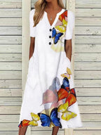 Butterfly Print V Neck Button Short Sleeve Pocket Dress