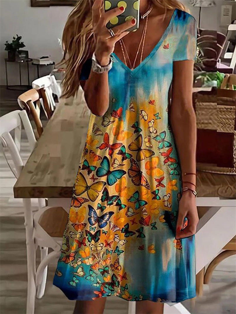 Butterfly Print V Neck Short Sleeve Dress