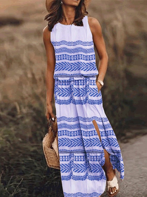 Casual Crew Neck Printed Slit Dress