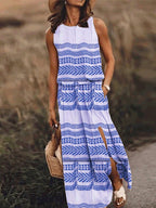 Casual Crew Neck Printed Slit Dress