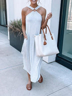 Casual Halterneck Off Shoulder Pocket Dress
