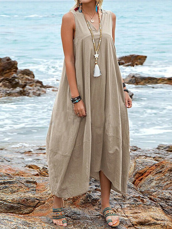 Casual V Neck Sleeveless Pocket Dress