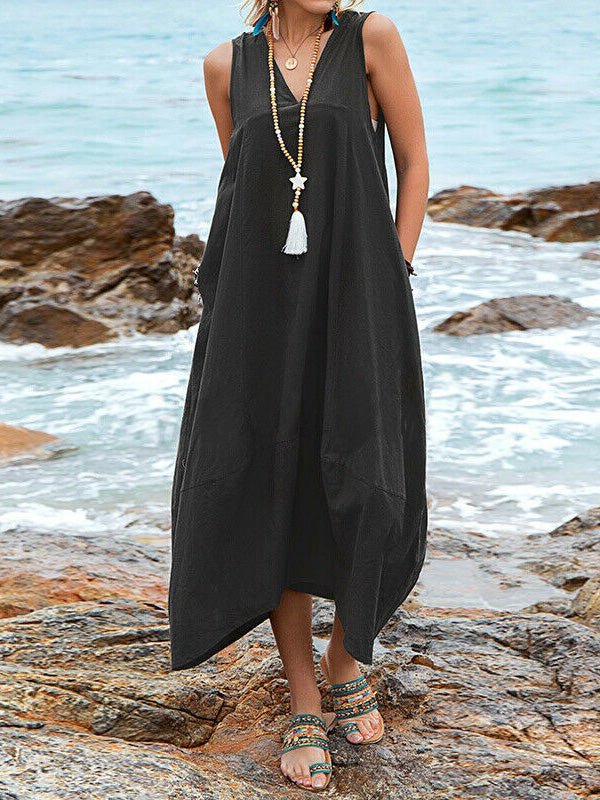 Casual V Neck Sleeveless Pocket Dress