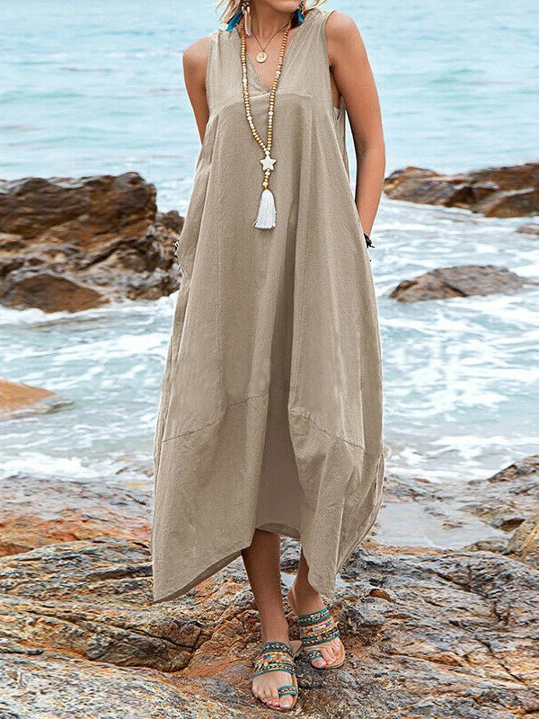 Casual V Neck Sleeveless Pocket Dress