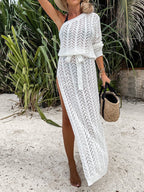 Cutout Sloping Shoulder Lace Up Sheer Slit Dress