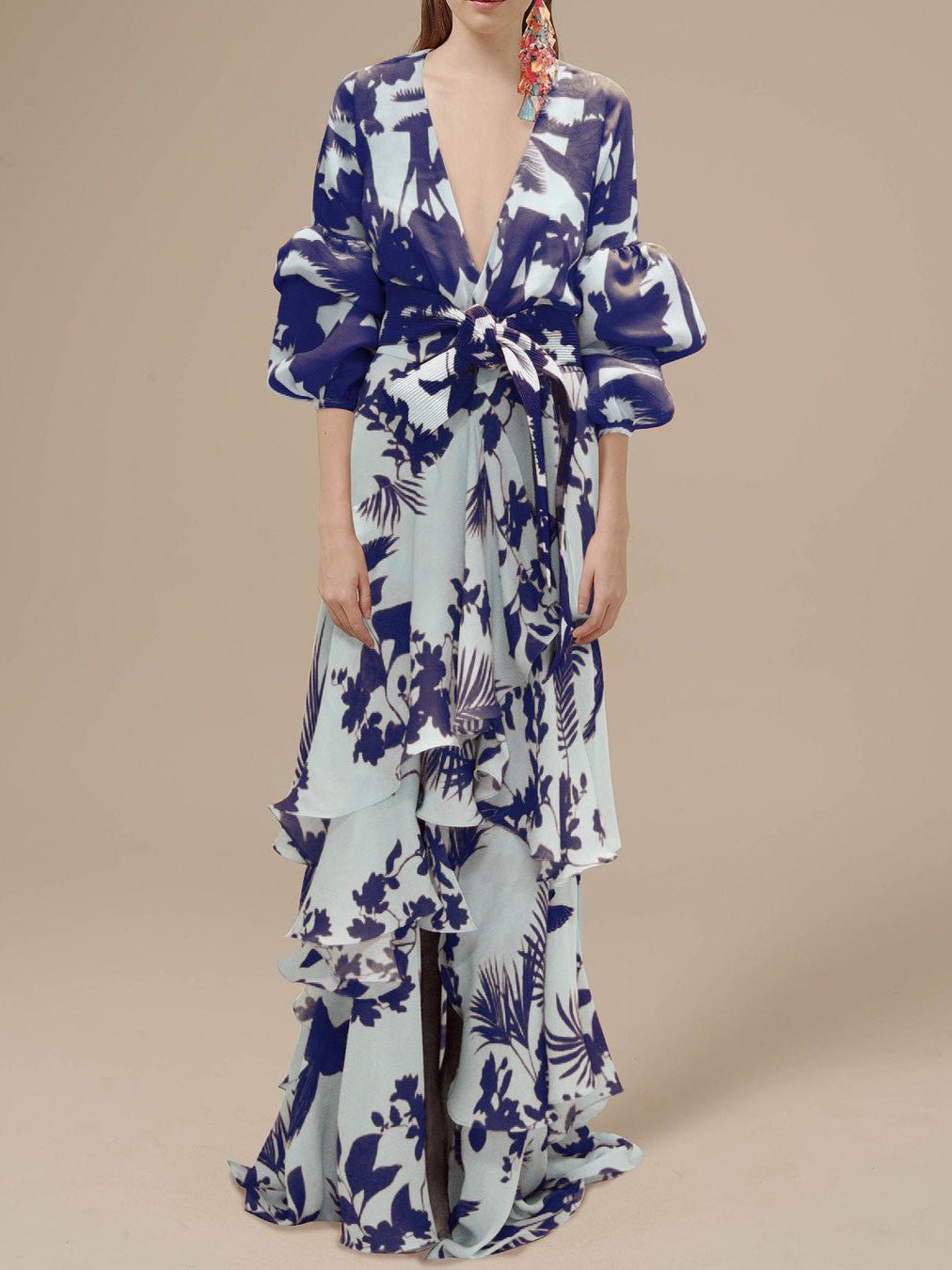 Deep V Neck Irregular Boho Print Chiffon Dress