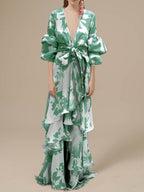 Deep V Neck Irregular Boho Print Chiffon Dress
