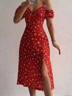 Floral Print Sling Off The Shoulder Slit Dress