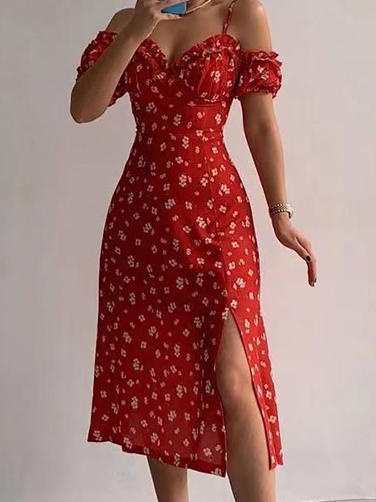 Floral Print Sling Off The Shoulder Slit Dress