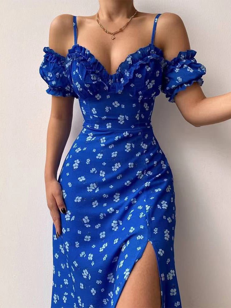 Floral Print Sling Off The Shoulder Slit Dress
