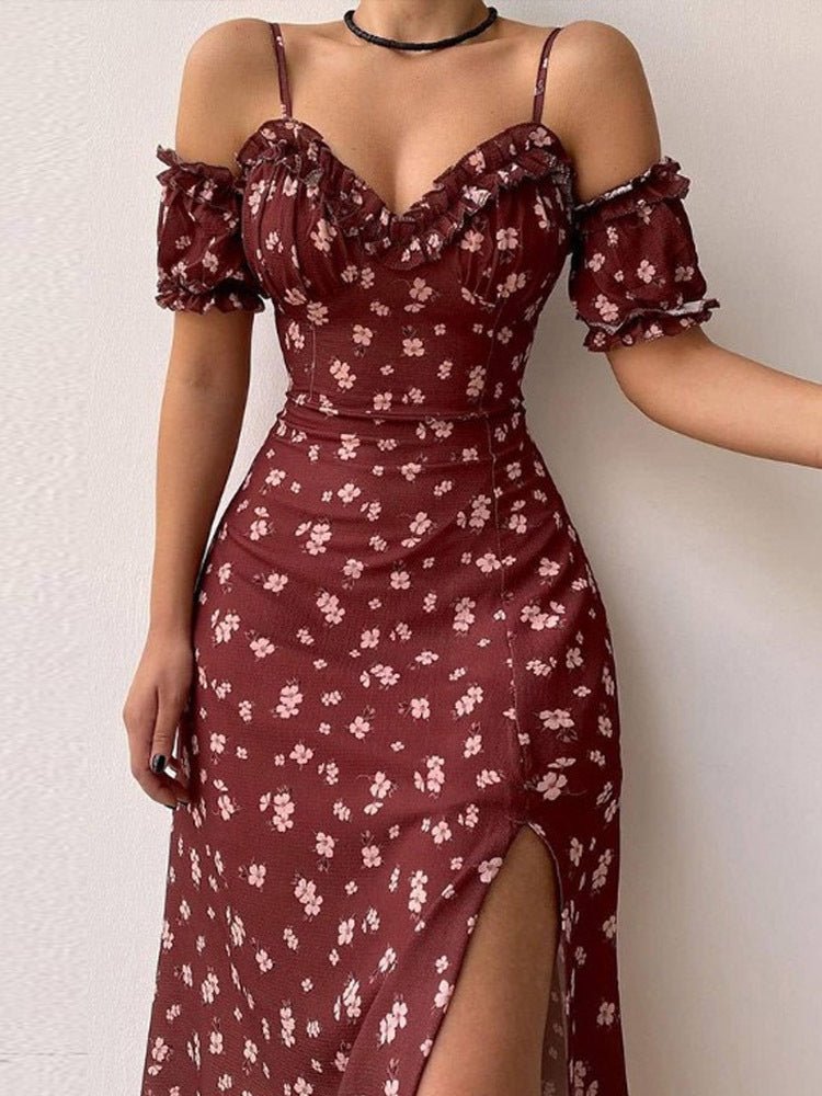 Floral Print Sling Off The Shoulder Slit Dress