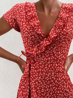 Floral V Neck Ruffled Lace Up Dress