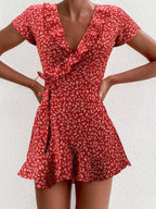Floral V Neck Ruffled Lace Up Dress