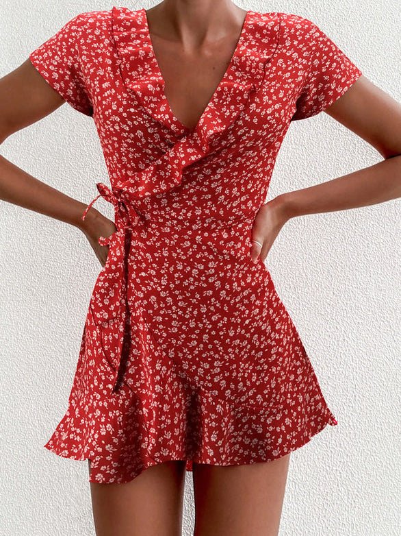 Floral V Neck Ruffled Lace Up Dress