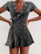 Floral V Neck Ruffled Lace Up Dress