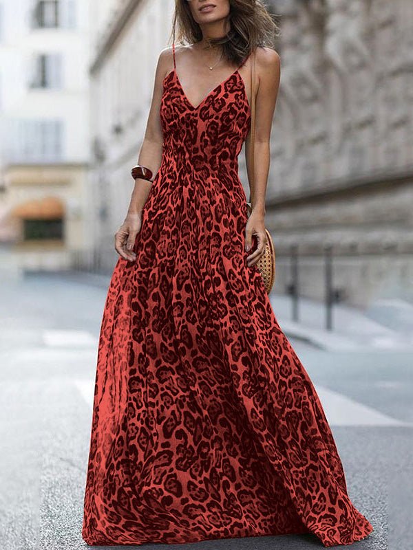 Leopard V Neck Sling Bare Back Dress
