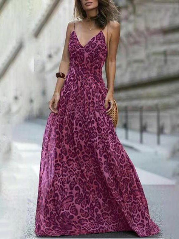 Leopard V Neck Sling Bare Back Dress