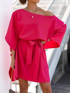 Loose Off Shoulder Belted Doll Sleeve Dress