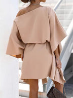 Loose Off Shoulder Belted Doll Sleeve Dress