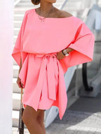 Loose Off Shoulder Belted Doll Sleeve Dress