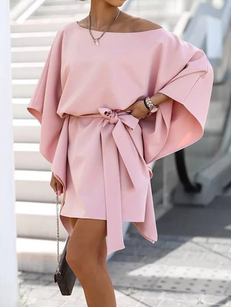 Loose Off Shoulder Belted Doll Sleeve Dress