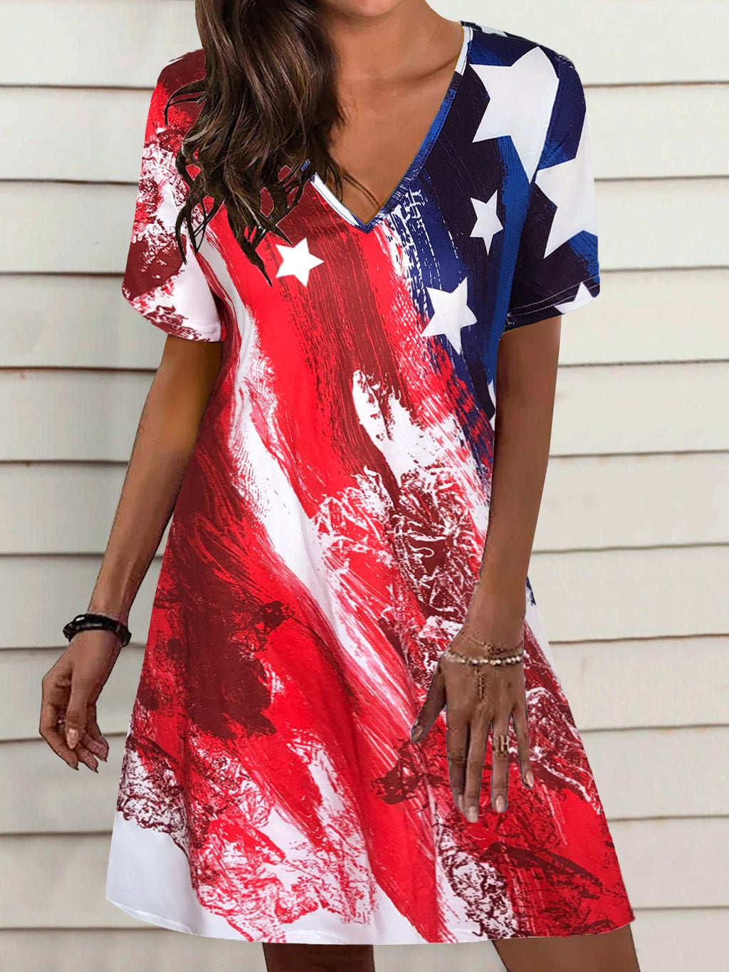 Loose Star Stripe V Neck Short Sleeve Dress