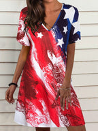 Loose Star Stripe V Neck Short Sleeve Dress