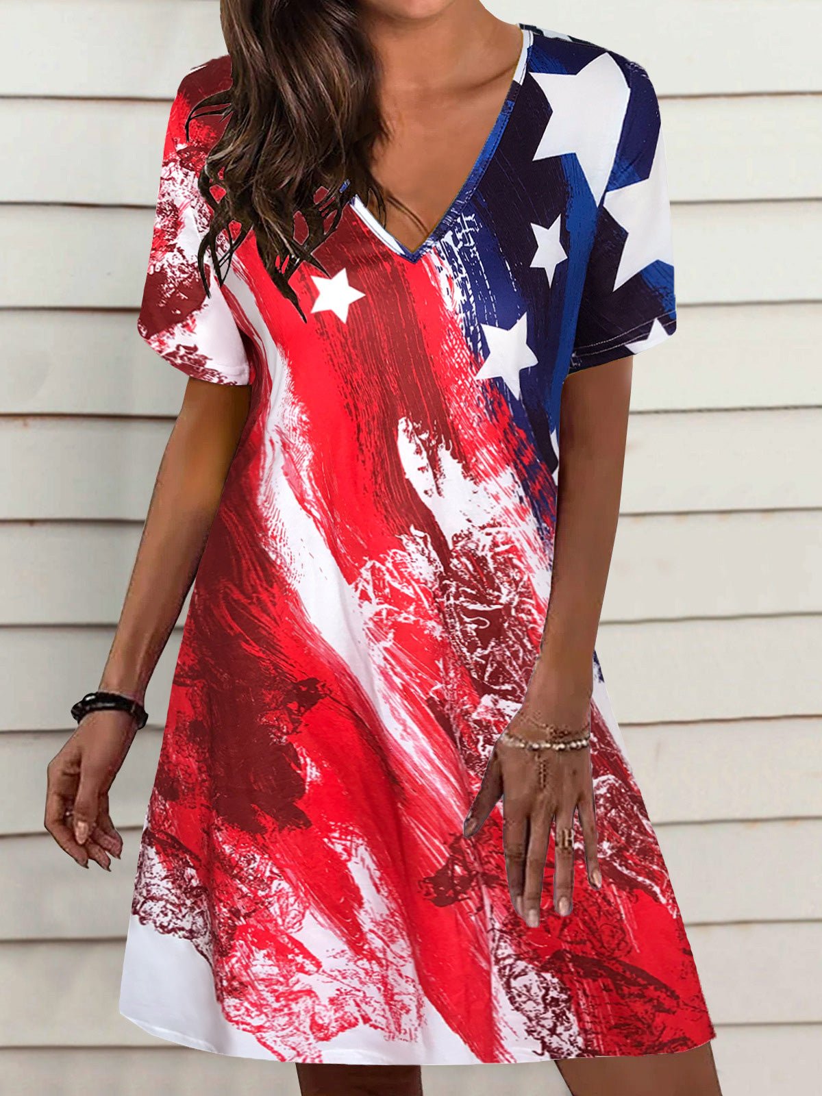 Loose Star Stripe V Neck Short Sleeve Dress