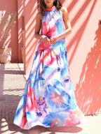 Multicolor Print Halter Neck Sleeveless Dress