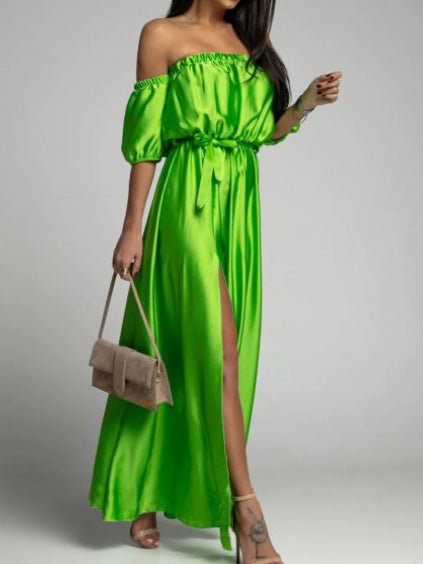 One Shoulder Short Sleeve Slit Dress