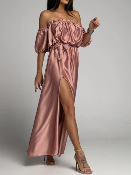 One Shoulder Short Sleeve Slit Dress
