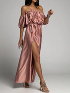 One Shoulder Short Sleeve Slit Dress
