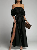 One Shoulder Short Sleeve Slit Dress