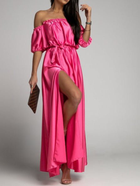 One Shoulder Short Sleeve Slit Dress
